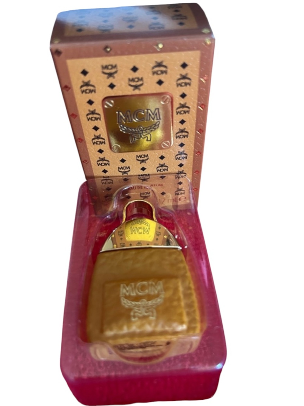 MCM Gold and Yellow Mini Eau de Parfum with Leather Keychain Bottle